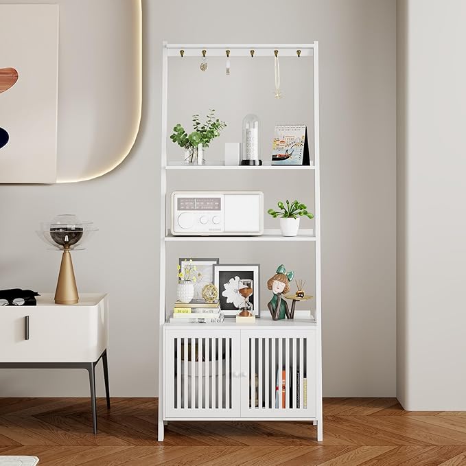 4-Tier Ladder Shelf with Drawers 59.5"H x 24.8"L x 10.6"W, Ladder Bookshelf with 6 Hooks, Tall Narrow Retro Bookcase, Freestanding Storage Shelf for Living Room, Home Office, Bedroom, White OAKVIVOElegantLifestyle