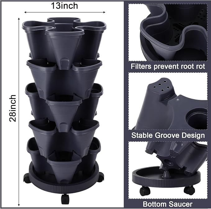 Umigy 2 Set 5 Tier Stackable Planters Vertical Garden Planters for Strawberry Herb Flower and Vegetable Indoor Outdoor Gardening Pots with Removable Wheels and Bottom(Grey) Umigy