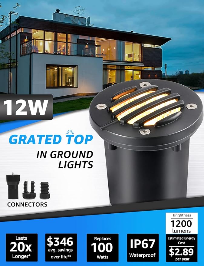 SUNVIE 12W Low Voltage Landscape Lighting Anti-Glare LED Well Lights(Grated Top) 12V-24V Waterproof Outdoor In-Ground Lights 3000K Landscape Lighting for Garden Yard Pathway 6 Pack with Connectors SUNVIE