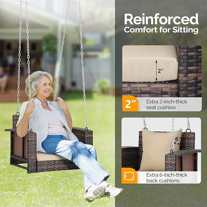 Outvita Porch Swing, 2FT Hanging Outdoor Porch Swings for Adults, Square Wicker 1 Person Patio Swing, with Cushion, Pillow and Chain for Garden, Backyard, Weight Capacity - 440lbs Brown & Khaki Outvita
