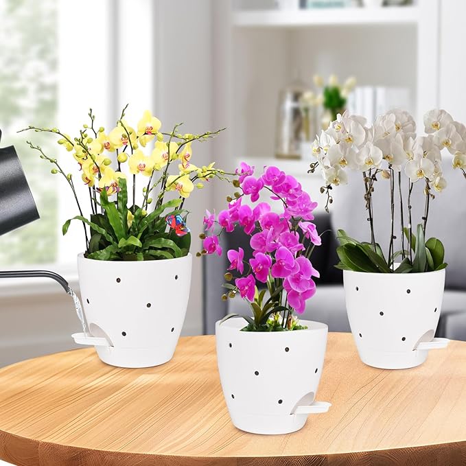 6 Inch Orchid Pots with Holes, 2 Pack Self Watering Planters for Orchids Plastic Orchid Pot Plant Flower Pots for Orchids Indoor Outdoor (White) Vanslogreen