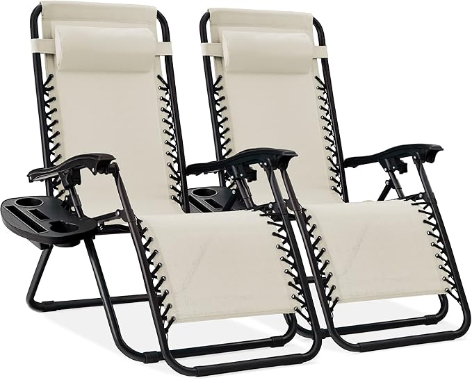 Best Choice Products Set of 2 Adjustable Steel Mesh Zero Gravity Lounge Chair Recliners w/Pillows and Cup Holder Trays - Ivory BestChoiceProducts