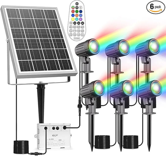 CLY Solar 6 in 1 RGB Spotlights Outdoor Garden, 10 Colors 12 Modes Solar Garden Floodlight Landscape Spotlights IP66 Waterproof 59.06ft Cable Spike Light for Lawn, Patio, Balcony CLY