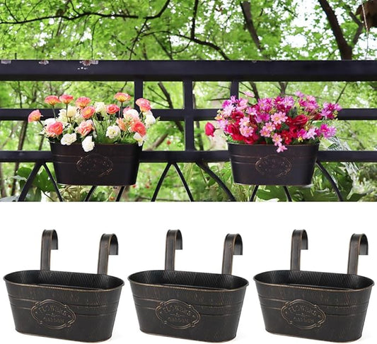 3 Pack Metal Railing Planters, 10.5" Oval Hanging Flower Pots with Detachable Hooks & Drainage Holes, Fits Rails up to 2.36", Galvanized Iron Fence Bucket for Balcony Garden Patio - Letter Black MeltsetM