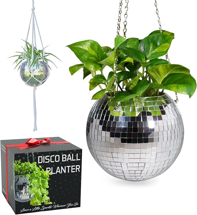 SCANDINORDICA Disco Ball Planter – Value Package: Disco Planter with Chain, Macrame Hanger and Acrylic Stand, Includes Self Watering Insert, Preppy Room Decor, Funky Decor | 8 inch Silver SCANDINORDICA
