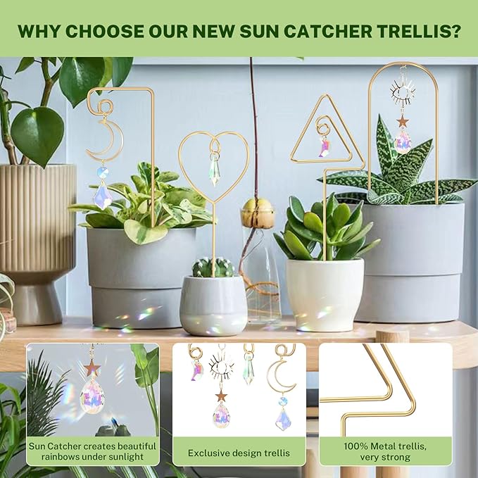 Small Trellis for Potted Plants Indoor with Colorful Crystal Sun Catcher, 14.17 Inch Metal Plant Lattice for Mini Potted Plant Decoration for Home Window Garden 4 Pack WellSign