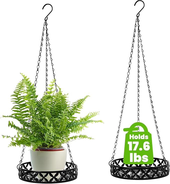 2 Pack Hanging Planters, 9.8 Inch Metal Plant Hanger, Decorative Glossy Black Plant Pot Holder, Planter Hanging Baskets with Chains and Hooks for Indoor or Outdoor Balcony Porch Home Decor ELFULLY