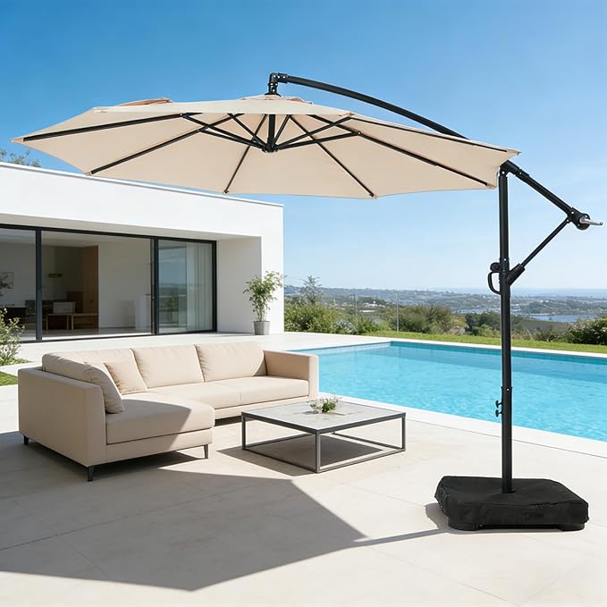 wikiwiki 10ft Patio Umbrella with Base Included, Outdoor Offset Cantilever Umbrella with Sandbag Base for Backyard, Garden and Pool, Easy to Tilt and Crank, Beige WikiwikiPatioUmbrellas