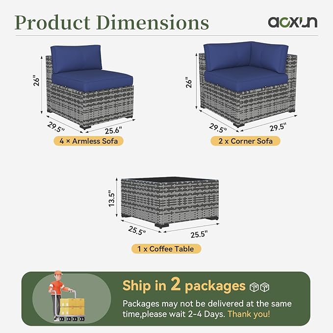 Aoxun 7 Piece Patio Furniture Set Wicker Rattan Patio Conversation Set Outdoor Sectional Sofa Set with Coffee Table and Thickened Cushions, Gray/Blue(Waterproof Cover Included) Aoxun