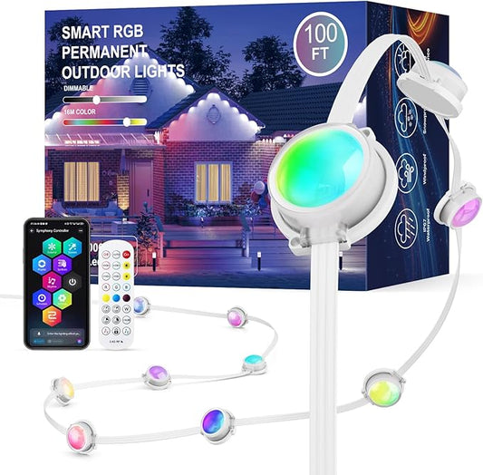 JOH Permanent Outdoor Lights, 100FT Permanent Outdoor Lights for House with RGB+IC Smart LED, App & Remote Control, DIY, IP67 Waterproof, for Super Bowl, V-Day, Thanksgiving, Daily & Holiday Party JOH