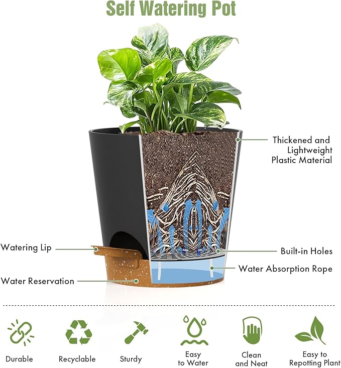 4 inch Self Watering Pots for Indoor Outdoor Plants, 6 Pack Plastic Flower Planters with Drainage Holes and Removable Saucers, Plant Pots with Wicking Rope, Modern Decor, Black Brown WSMKSZ