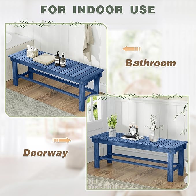 Outdoor Garden Wood Bench, 3-Person Weatherproof Wooden Bench Park Narrow Bench, Never Rot or Fade Waterproof Backless Bench for Entryway, Outdoor, Patio, Porch, Backyard and Park (Blue,47.2''/120cm) LSPYYDS