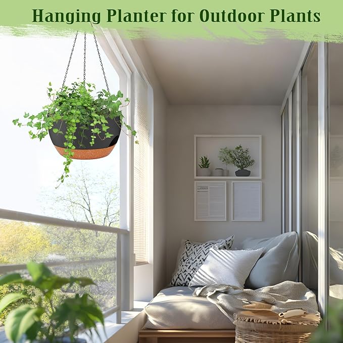 Hanging Planters for Outdoor Indoor Plants, 2 Pack 12 Inch Hanging Basket Plants Outdoor, Self Watering Hanging Planter with Plant Hanger for Garden Home Decoration (2 Type Plant Hangers Black) Lucieblessdesign