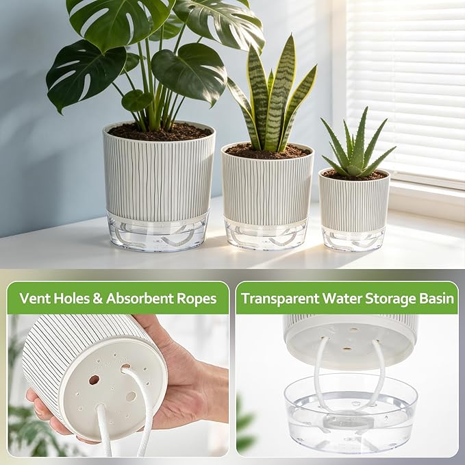 3 Pack Self Watering Pots for Indoor Plants, 4+5.5+6.3 Inch Self Watering Plant Pots, Flower Pots with Wick Rope and Reservoir - Black Stripes Samhe