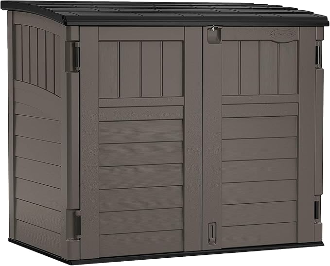 Suncast 34 Cu Ft Horizontal Resin Storage Shed - Outdoor Storage Shed with Floor Included, Lockable, Weatherproof, Fits Small to Medium Trash Cans, Generators, & Garden Tools, Stoney Black Suncast