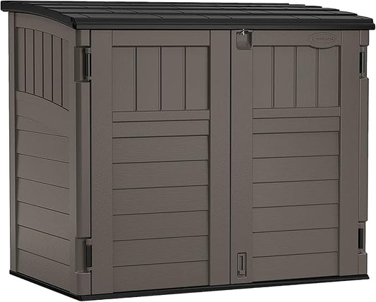 Suncast 34 Cu Ft Horizontal Resin Storage Shed - Outdoor Storage Shed with Floor Included, Lockable, Weatherproof, Fits Small to Medium Trash Cans, Generators, & Garden Tools, Stoney Black Suncast