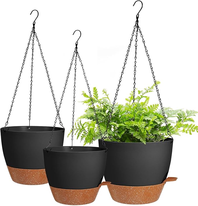 10/9/8 Inch Hanging Planter for Indoor Outdoor Plants, 3 Pack Self-Watering Hanging Pot with Drainage Holes Hanging Planter Baskets Plant Pots with Removable Tray (Black+Brown) Lucieblessdesign