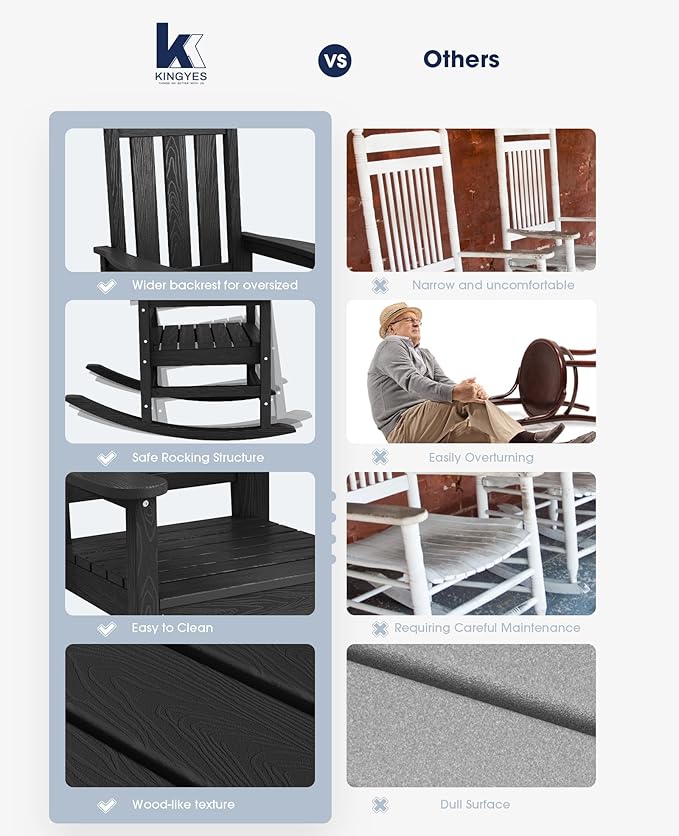KINGYES Oversized Outdoor Rocking Chair, All-Weather Patio Rocking Chairs for Porch, HDPE Outdoor Patio Rockers with High Back & Wide Seat for Garden, Lawn, Black KINGYES