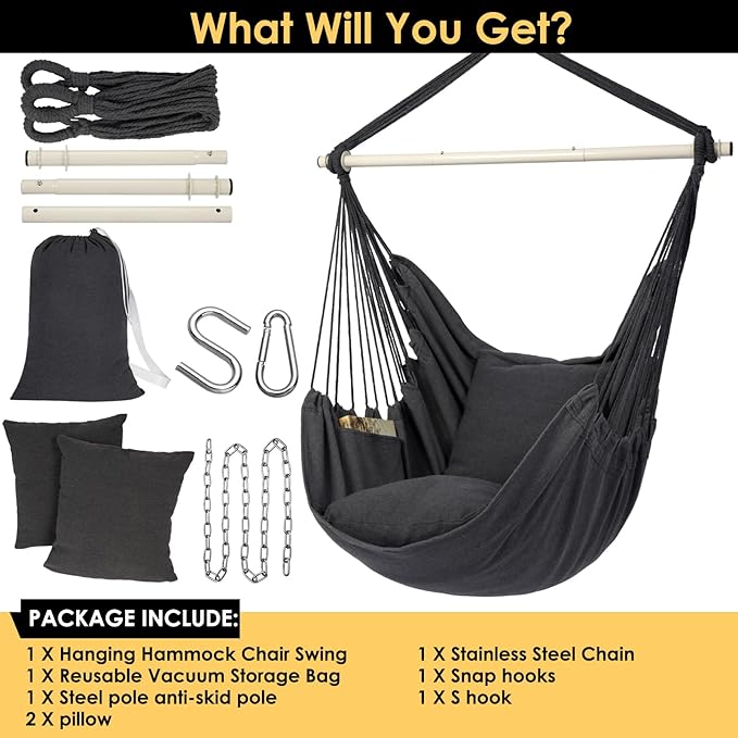 Y- STOP Hammock Chair Hanging Rope Swing Chair, Max 500 Lbs, 2 Seat Cushions Included, Removable Steel Spreader Bar with Anti-Slip Rings, Hardware kit-for Indoor Outdoor(Dark Grey) pcs Y-STOP