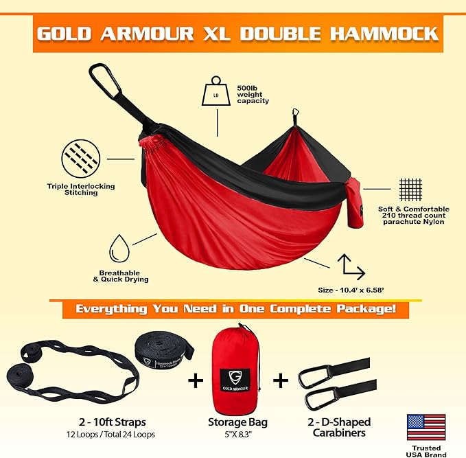 Gold Armour Camping Hammock - XL Double Hammock Portable Hammock Camping Accessories Gear for Outdoor Indoor with Tree Straps, USA Based Brand (Red and Black) GoldArmour