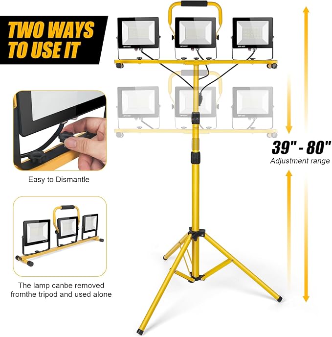 21000Lumen LED Work Lights with Stand - 3 Head Portable Work Light on Stand - IP66 Waterproof Tripod Worklights for Outdoor Indoor Job Site Workshop Garage Construction Site Lighting Rootora