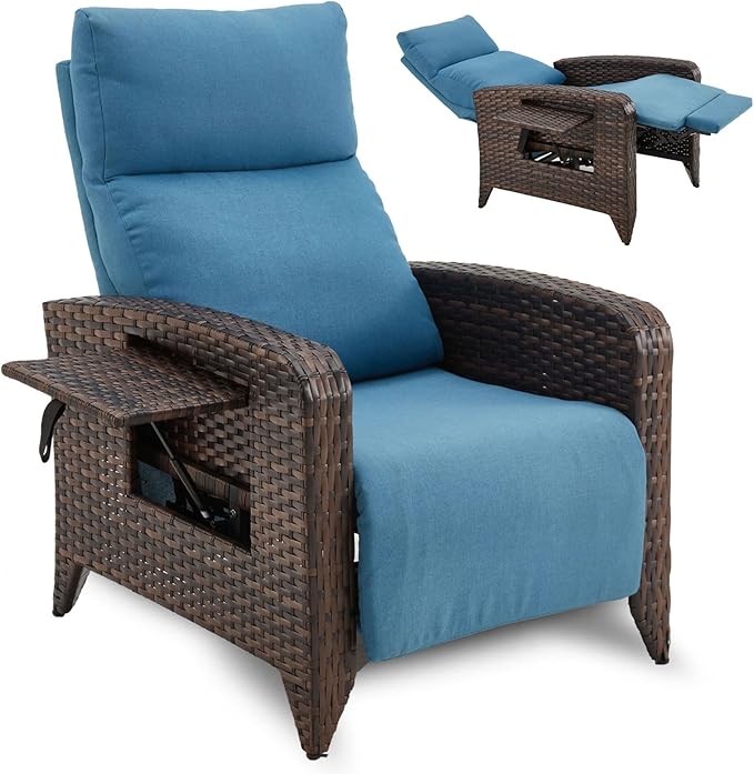 Upgraded Outdoor Recliner Chair, Reclining Patio Chairs with Adjustable Back up to 150°Lay Flat and Extended Footrest, Wicker Recliner Chairs with Flip Table and Removable Olefin Cushion zzw