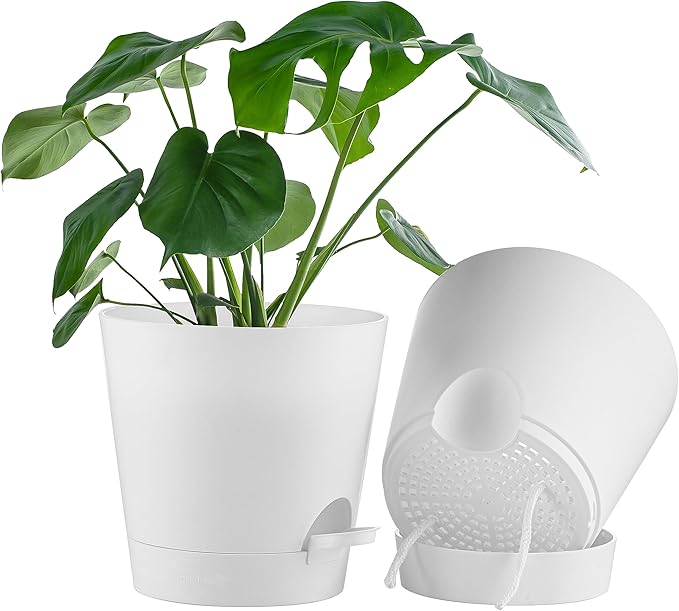 FaithLand 2-Pack 9 Inch Planter Pots for Indoor Outdoor Plants, Self Watering Flower Pots with Deep Reservoir, White … FaithLand