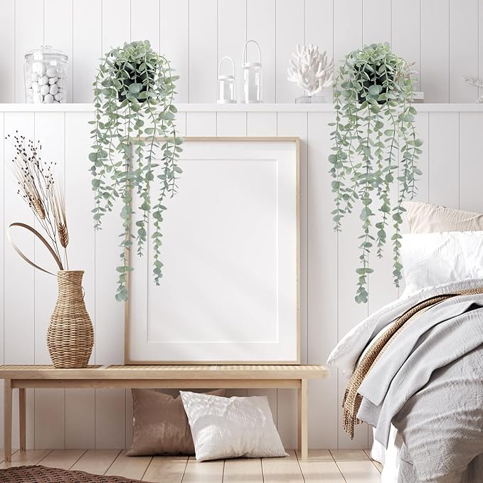 COCOBOO 2 Pcs Artificial Eucalyptus Plants Shelf Hanging Fake Plant in Pot for Wall Bedroom Home Patio Indoor Outdoor Decor COCOBOO