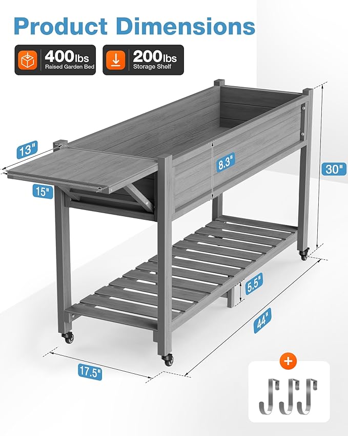 YEFU Raised Garden Bed with Legs: 57x18x30in Elevated Poly Planter with Wheels,Waterproof Mobile Raised Bed Garden, Elevated Planter Box Stand with Storage Shelf,for Deck,Patio,Porch,Yard (Grey,2pcs) YEFU