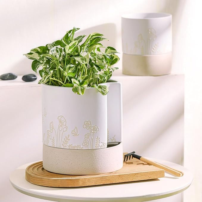 Nihow Self Watering Plant Pot: 8 Inch Ceramic Planter with Drainage Hole & Water Storage Plus for Indoor & Outdoor Plants - Cylinder Round Flower Pot for Succulent/Herbs/Violets - Nature & White Nihow