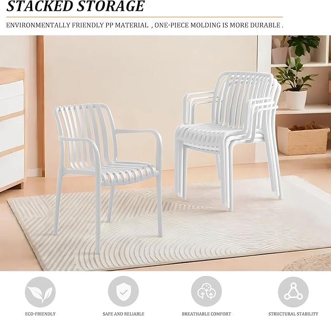 Patio Dining Chairs Set of 4, All-Weather Outdoor and Indoor Stackable Chairs with Curved Back, Waterproof for Patio, Deck, Porch, Backyard, Restaurant & Cafe Use, White JPBSTO