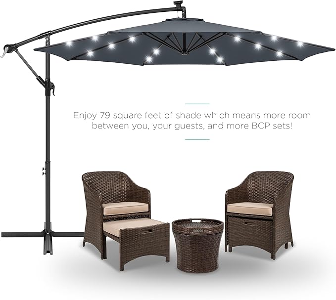 Best Choice Products 10ft Solar LED Offset Cantilever Hanging Market Patio Umbrella, 8 Sturdy Ribs, Easy Adjustment - Slate BestChoiceProducts