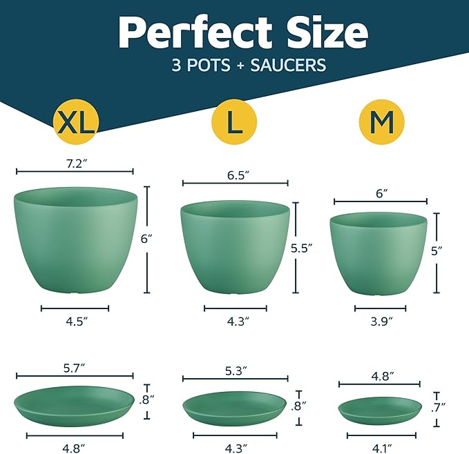 Mint Plant Pots with Drainage Holes & Saucers 3 Pack, Indoor & Outdoor Stackable Space-Saving Planters for Houseplants & Flowers, (7", 6.7", and 6" Inches), Durable & Weatherproof Materials LIFEMASTER
