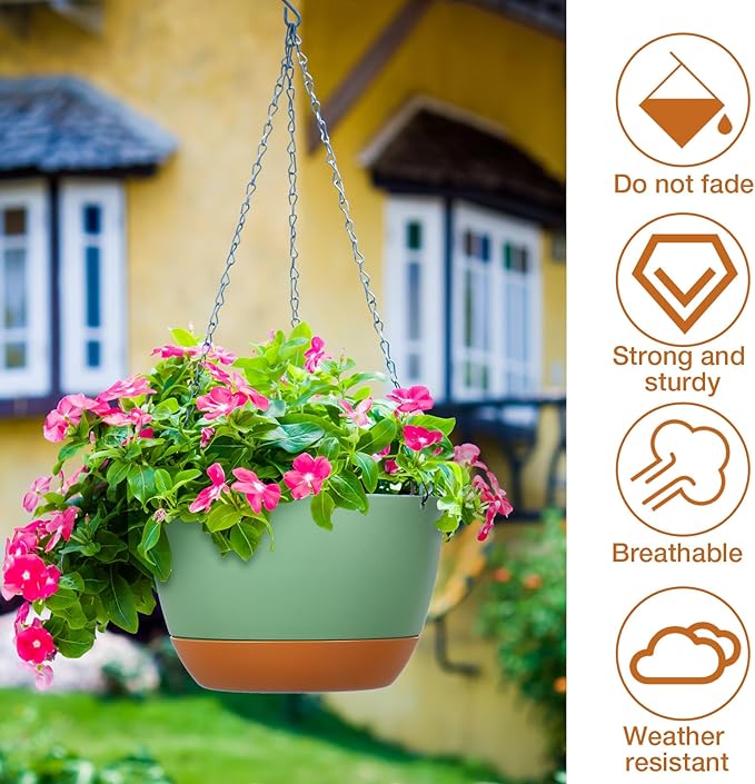Mumufy 6 Pcs 8 Inch Hanging Planter for Indoor and Outdoor Plants Plastic Hanging Flower Pots with Drainage Hole and Removable Saucer Hanging Plant Holder Plant Hanging Basket (Mixed Colors) Mumufy