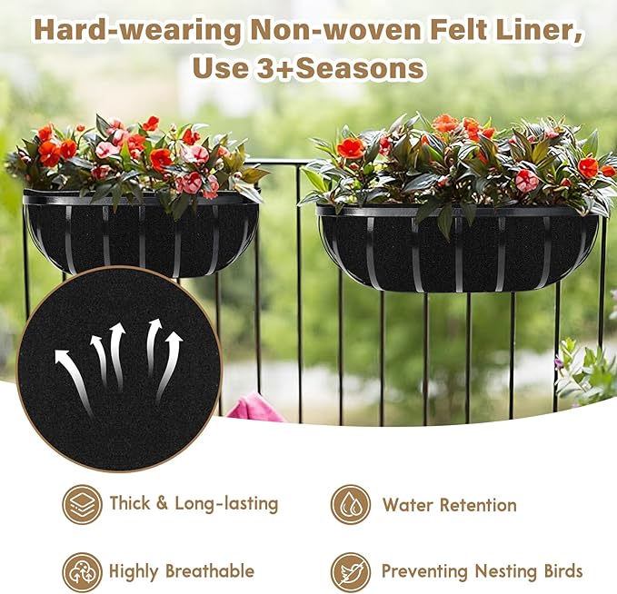 Riare 4 Pack 30 Inch Black Felt Window Box Liners- Fabric Trough Planter Basket Liners Replacement, Non-Woven Hanging Plant Liner for Wall Hanging Basket, Garden Fence Railing (Avoid Bird Nesting) Riare