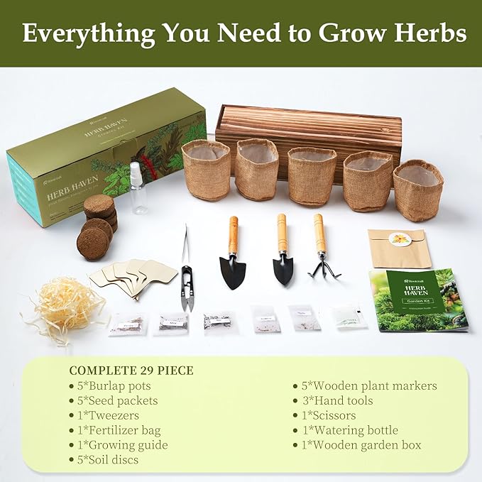5 Herb Garden Planter Indoor with Wooden Box, Home Kitchen Seed Starter Kit Including Basil, Thyme, Parsley, Rosemary, Mint, Birthday, Mothers Day, House Warming, Gardening Gifts for Women, Mom ROOTCRAFT