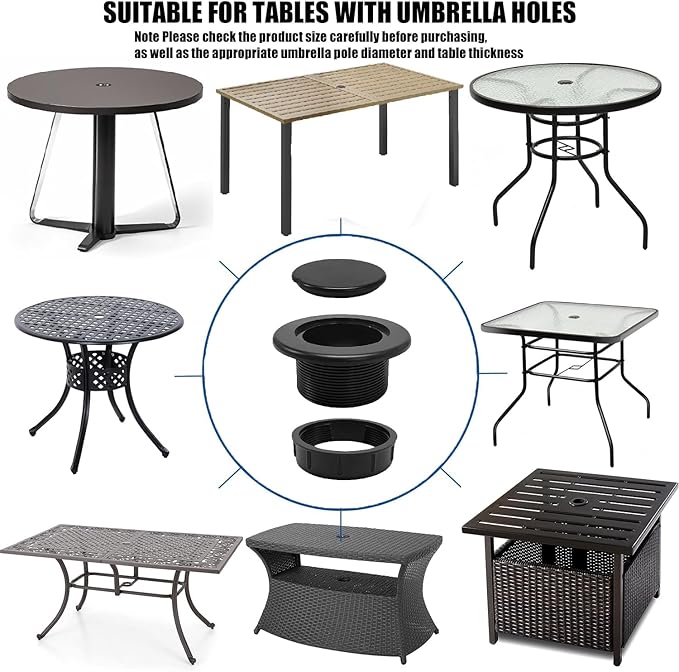 Patio Table Umbrella Hole Ring Plug Cap Set, Yard Parasol Table Hole Cover Insert Black Thicker Patio Table Hole Plug Ring for Cafes, Outdoor, Milk Tea Shops, Camping Rootora