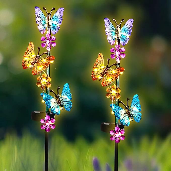 Solar Lights Outdoor Waterproof Garden Butterfly Light Decorative Solar Stake Lights with Butterflies Decor for Garden Yard Lawn Patio Pathway(2 Pack) YHSOLAR