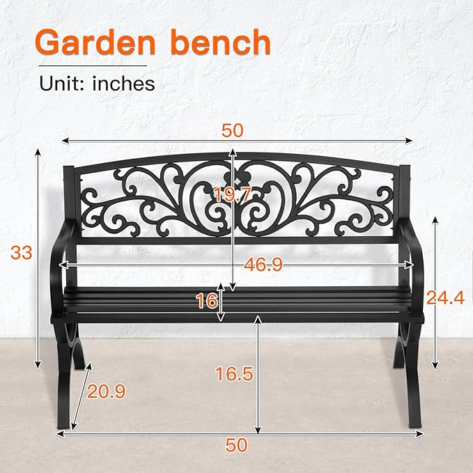 Patio Garden Bench 50 inch Outdoor Metal Loveseat Chairs with Armrests Slatted Seat and w/Floral Design Backrest for Park, Yard, Porch, Lawn, Balcony, Backyard, Black FDW