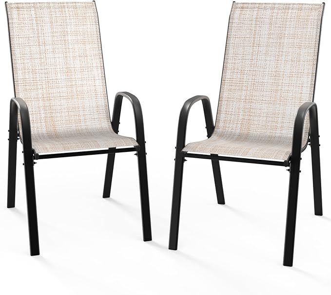 VINGLI Patio Chairs Set of 2 – Stackable Outdoor Dining Chairs with Comfortable Sling High Back Chairs and Armrests for Lawn, Poolside, Courtyard, Balcony, Garden, Yellow VINGLI