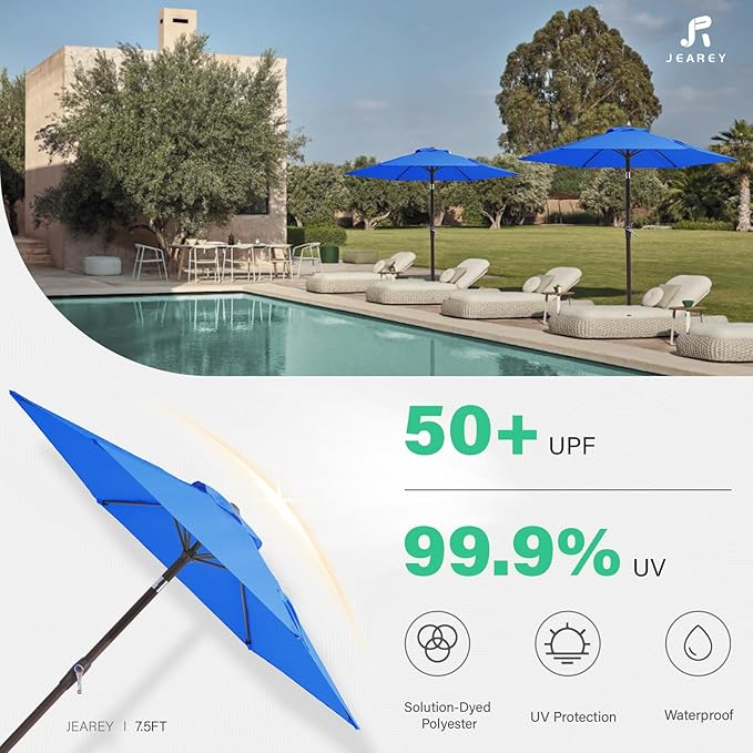 JEAREY 7.5FT Patio Umbrella Outdoor Market Umbrella with 6 Sturdy Ribs, Push Button Tilt/Crank Table Umbrella for Garden, Deck, Backyard and Pool, Royal Blue JEAREYOutdoorsCollection