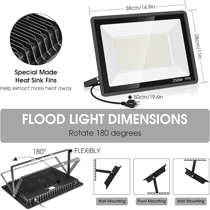 2 Pack 250W Led Flood Lights Outdoor,Super Bright 37000LM Security Lights with Plug,Exterior IP66 Waterproof 5000K Daylight White FloodLight for Basketball Court, Yard, Garden,Parking lot etc YANYCN