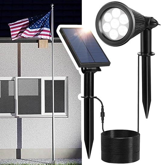 Solar Spotlight Outdoor, Spot Light with Separate Solar Panel ＆ 24.6ft Long Waterproof Cable, Bright 7-LED Ground Flag Pole Light, Dusk-to-Dawn Landscape Lighting for Flag, House, Tree, Garden (White) SFSUNFUNY