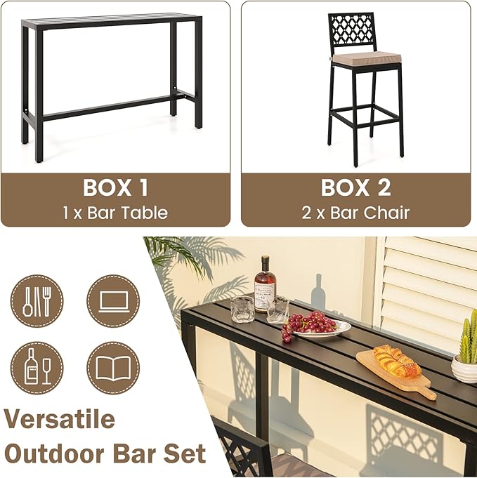COSTWAY 3 Piece Outdoor Bar Table and Chairs Set, 55" Pub Height Bar Table & 2 Cushioned Bar Stools with Rhombus Backrest, Metal Patio Bar Table Set for Balcony, Backyard, Porch, Pool COSTWAY
