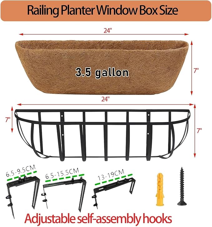 36'' Window Box Railing Planter with Coco Liner,4 Pack Horse Trough Planters Black Metal Hanging Flower Planters Basket for Porch Fence Patio Indoor Outdoor Lawn Qusuxi