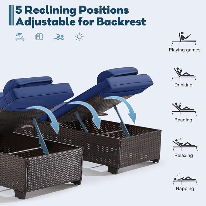 Outdoor Lounge Chairs, Pool Lounge Chairs Set of 2, Outdoor Chaise Lounge with Adjustable Backrest & Cup Holder,Light Navy Blue Cushion YALISSEY