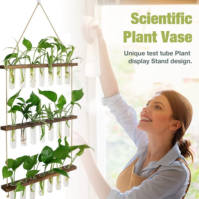 XXXFLOWER Wall Hanging Propagation Station with Wooden Stand 21 Glass Test Tubes 3 Tiers Planters Wall Terrarium for Home Office Plant Hanger Flower Vases Wall Decor Hydroponic Cuttings XXXFLOWER