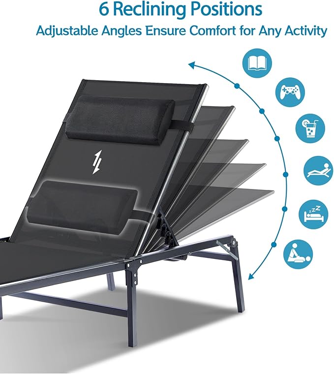 Foldable Chaise Lounge Chair with Cup Holder, Assemble-Free Outdoor Lounge Chair with Detachable Pillow and 6 Adjustable Backrest, Patio Lounge Chair for Outside Poolside Beach Pool, Black HOMELYM