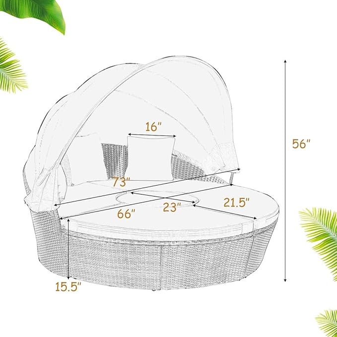 Tangkula Patio Round Daybed with Retractable Canopy, Outdoor Wicker Rattan Furniture Sets, Sectional Cushioned Sofa Set w/Height Adjustable Coffee Table, Rattan Conversation Sets (Beige) TANGKULA