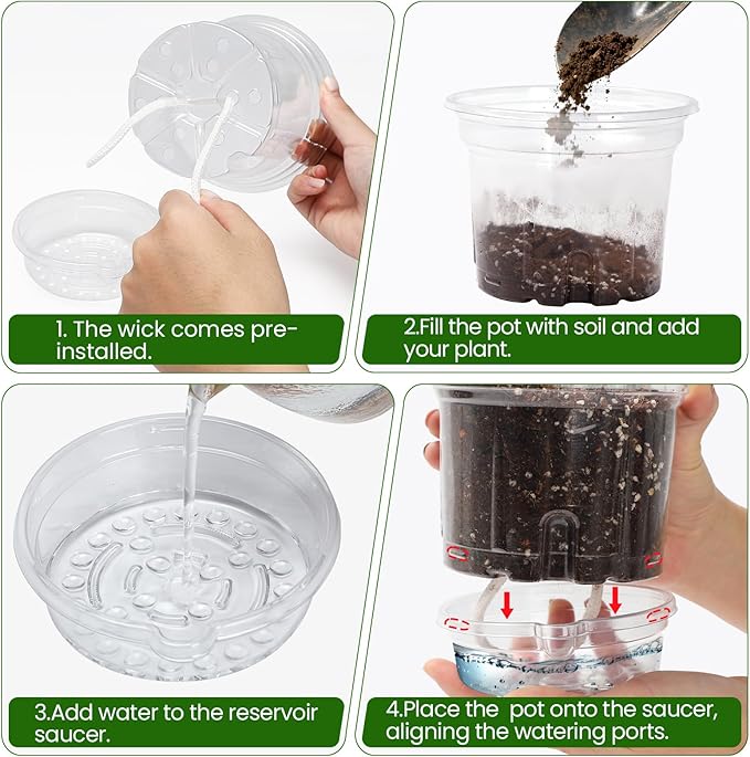 MIXC 12 Packs 6.5 Inch Self Watering Pots for Indoor Plants - Clear Nursery Plant Pots with Drainage, Deep Visible Reservoir - Flower Planter Outdoor with Wicking Rope MIXC